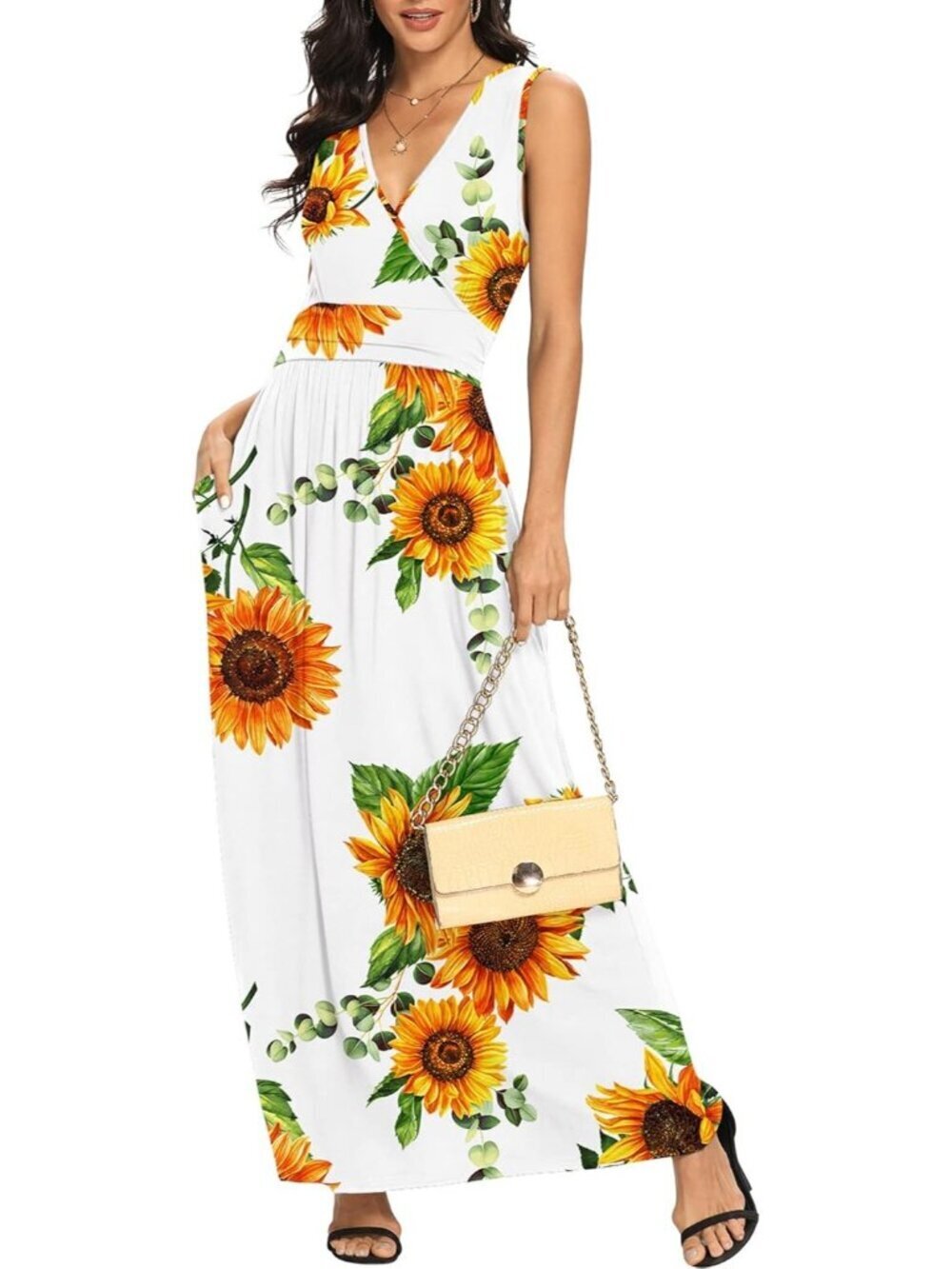 Lilbetter Women's Flower White Sleeveless Deep Loose Plain Maxi Casual Dress